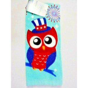 Patriotic Owl Kitchen Towel Top Hat Fire Works Holiday Bird Red White Blue Teal